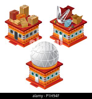Set of stages of construction of the Observatory is isolated on a white background. Vector cartoon close-up illustration. Stock Vector