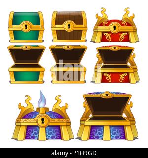 Set of closed and opened colored chests isolated on white background. Vector cartoon close-up illustration. Stock Vector