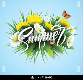 Summer handwriting lettering with summer flower. Vector illustration Stock Vector