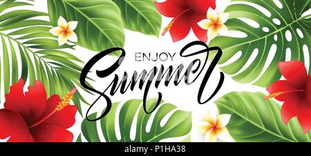 Summer poster with tropical palm leaf and handwriting lettering. Vector illustration Stock Vector