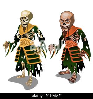 Set of zombie samurai isolated on white background. Vector cartoon close-up illustration. Stock Vector