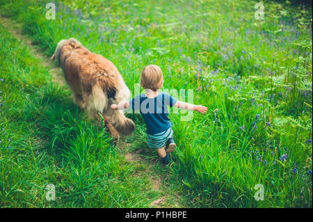 A cute little boy is running in a meadow with a big dog Stock Photo