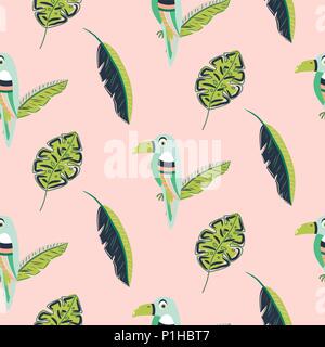 Toucan bird and leaves pattern seamless vector. Stock Vector