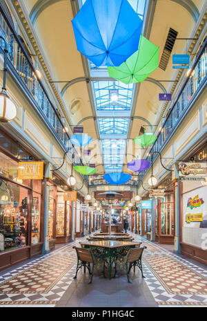 Adelaide Arcade is an early example of Victorian Architecture. Its floor is made of Carrara marble with black and white encaustic tiles in a mosaic pa Stock Photo
