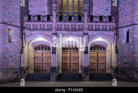 The entrance to the Bonython Hall is majestic, particularly at night with the coloured lights. Stock Photo