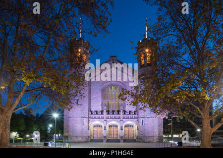 The Bonython Hall in Adelaide is lit up at night with purple lights. Stock Photo