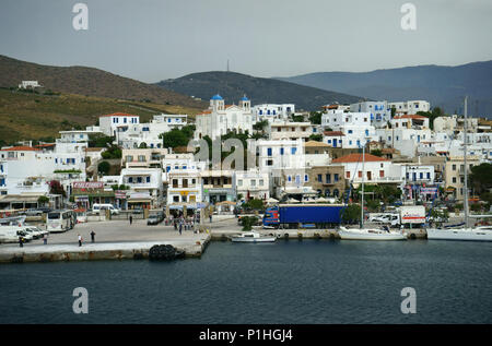 Town Gavrio seen from ferry, Island Andros, Cyclades islands, Greece Stock Photo