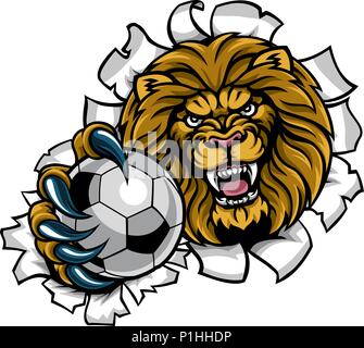 Lion Holding Soccer Ball Breaking Background Stock Vector