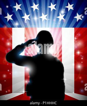 Soldier Saluting American Flag Background Stock Vector
