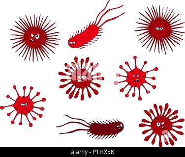 Set of cute funny bacterias, germs in cartoon style isolated on white background. Bad microbes. Stock Vector