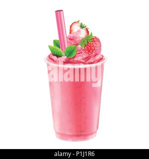 Isolated strawberry ice shaved with fresh fruit and mint leaves, 3d illustration on white background Stock Vector