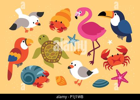 Hot summer tropical creatures collection in flat design Stock Vector