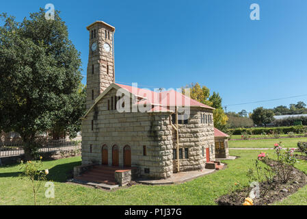 ELLIOT, SOUTH AFRICA - MARCH 28, 2018: A small replica of the Dutch Reformed Church in Elliot in the Eastern Cape Province. It is used as wall of reme Stock Photo