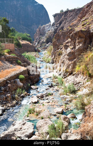 Hammamat Ma'in canyon with  natural hot springs.There are about 60 thermal springs. Jordan Stock Photo