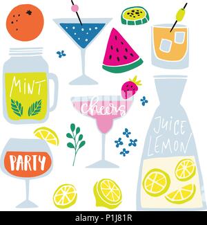 Set of hand drawn alcoholic and soft drinks, cocktails with lettering quotes. Summer holiday and beach party concept. Isolated vector icons. Stock Vector