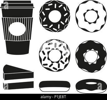 Black and white coffee and donut silhouette set Stock Vector