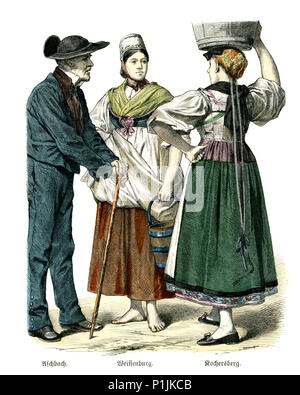 Vintage engraving of History of Fashion, Costumes of Alsace, 19th Century. Aschbach, Wissembourg and Kochersberg Stock Photo