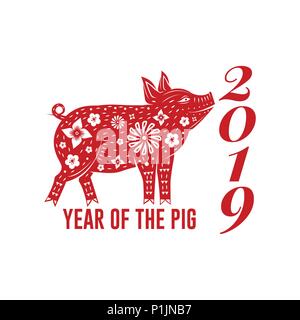 Red chinese pig on the white background. Vector illustration. Chinese New Year 2019 year of the pig. For New Year greeting card, flyer, poster, banner or website template. Stock Vector