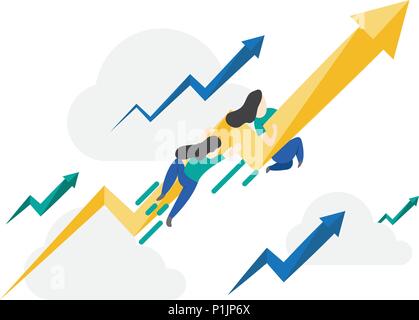 People in a team build a chart and interact with graphs. flat vector illustration Stock Vector