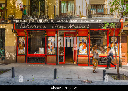 Madrid Huertas bar, view of the colourful front of a bar in the historic Huertas area of Madrid, Spain. Stock Photo