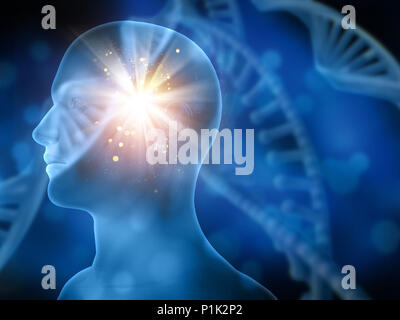 3D medical background with blurred DNA strands and male head Stock Photo