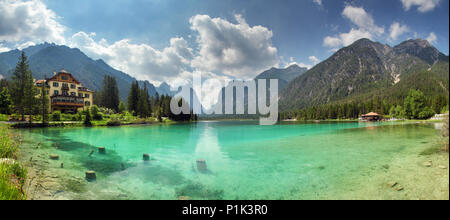 Panorama of Lake dobbiaco, Dolomites mountain Stock Photo