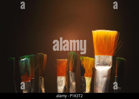 Kit of various used paintbrushes, closeup view. Stock Photo