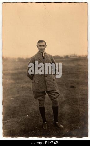 THE CZECHOSLOVAK  REPUBLIC - CIRCA 1930s: Vintage photo shows man wears vintage walking clothing. Black & white antique photography. 1930s. Stock Photo