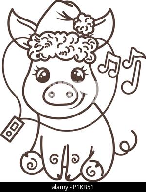 Happy New 2019 Year card with cartoon baby pig in santa hat. Small vector symbol of holiday. Coloring page Stock Vector