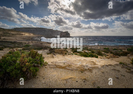 Fungus Rock. Dwejra Bay at the west coast of the Maltese Island of Gozo. Winter, windy day.