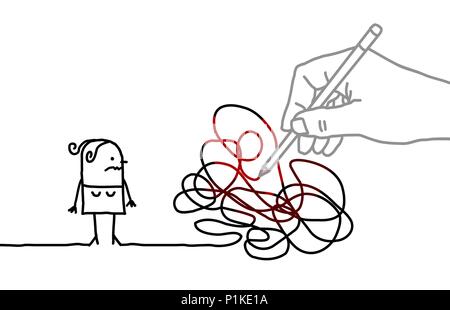 Big Drawing Hand with Cartoon Woman - Tangled Path Stock Vector