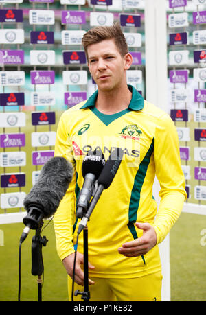 Australia's Tim Paine chats with the media at The Kia Oval, London. PRESS ASSOCIATION Photo. Picture date: Tuesday June 12, 2018. See PA story cricket Australia. Photo credit should read: John Walton/PA Wire. RESTRICTIONS: Editorial use only. No commercial use without prior written consent of the ECB. Still image use only. No moving images to emulate broadcast. No removing or obscuring of sponsor logos. Stock Photo