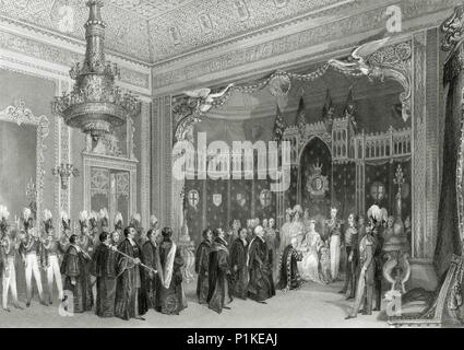 Interior of the Throne Room, Buckingham Palace, Westminster, London, 1840. Artist: Unknown. Stock Photo