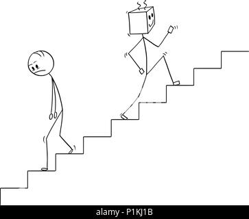 Cartoon of Human Going Down the Stairs and Robot Moving Up Stock Vector