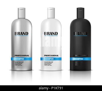 Shampoo white and black mockup with label isolated. Shampoo bottle body care product design. Vector illustration. Stock Vector