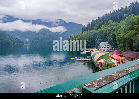 Beautiful and scenic Lake Ritsa with fog, Abkhazia Stock Photo