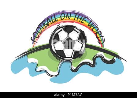 Football on the world and rainbow on whitw background . Doodle and kid drawing style . Flat design . Vector for international world championship tourn Stock Vector