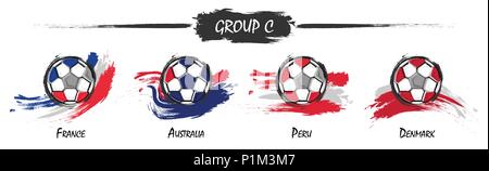 Set of football or soccer national team group C . Watercolor paint art design . Vector for international world championship tournament cup 2018 . Stock Vector