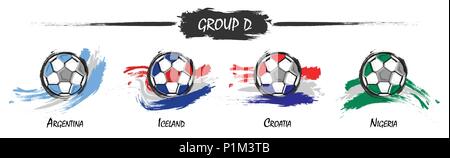 Set of football or soccer national team group D . Watercolor paint art design . Vector for international world championship tournament cup 2018 . Stock Vector