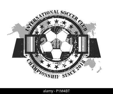 Abstract grunge football badge with world map and scratch dust particle elements . Flat design . Vector for international world championship tournamen Stock Vector