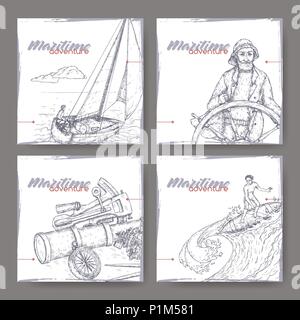 Four banners with old captain, navigational instruments, sailboat and surfer sketch. Maritime adveture series. Stock Vector