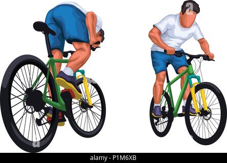 illustration of man riding mountain bicycle in different poses isolated on white Stock Vector