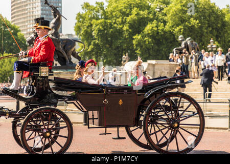 London. June 9 2018. A view of the royal carriage carrying members of the royal family Princess Beatrice and the Countess of Wessex at the trooping of