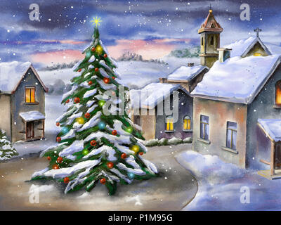 Christmas tree in a snowy landscape. Hand-painted illustration. Stock Photo