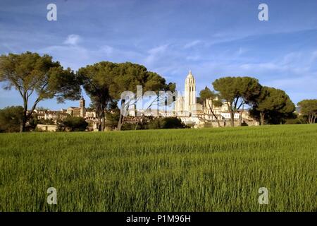 Segovia capital; vista de la Catedral y ciudad medieval desde campos de cereales. Stock Photo
