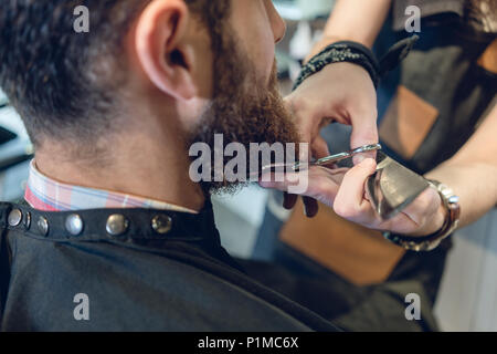 Close-up side view of the head of a young man and the hands of a skilled hairstylist, trimming his beard with comb and scissors in a cool hair salon Stock Photo