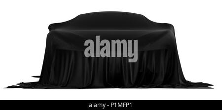 New racing design car covered with black cloth. 3d rendering illustration. Shallow DOF, shallow focus Stock Photo