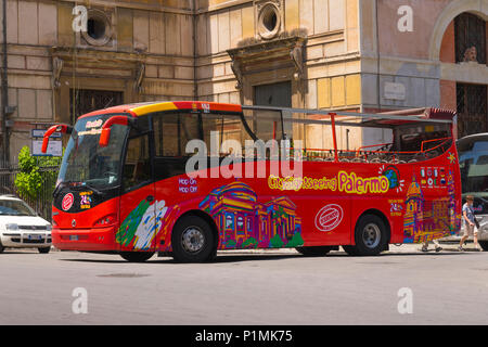 Italy Sicily Palermo Mondello red single decker Hop On Hop Off open topped convertible tour bus coach City Sightseeing Sight Seeing Stock Photo