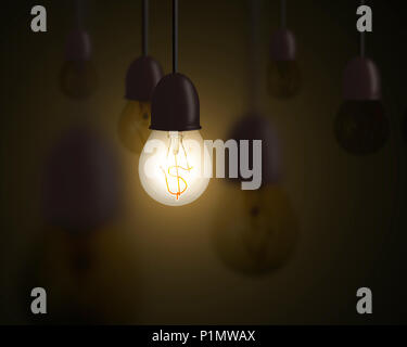 Idea is money concept, lighting bulb with money symbol inside and unlighting others in dark space Stock Photo