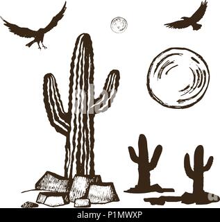Cacti and silhouettes ravens set Stock Vector